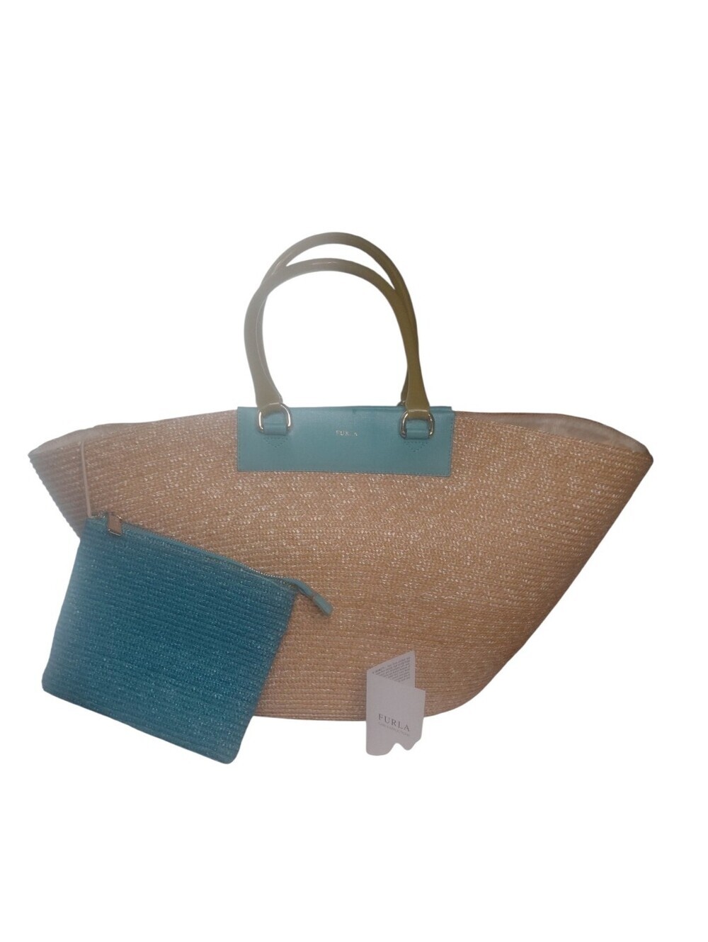 Stylish Two-Tone Straw Tote Bag with Pouch M